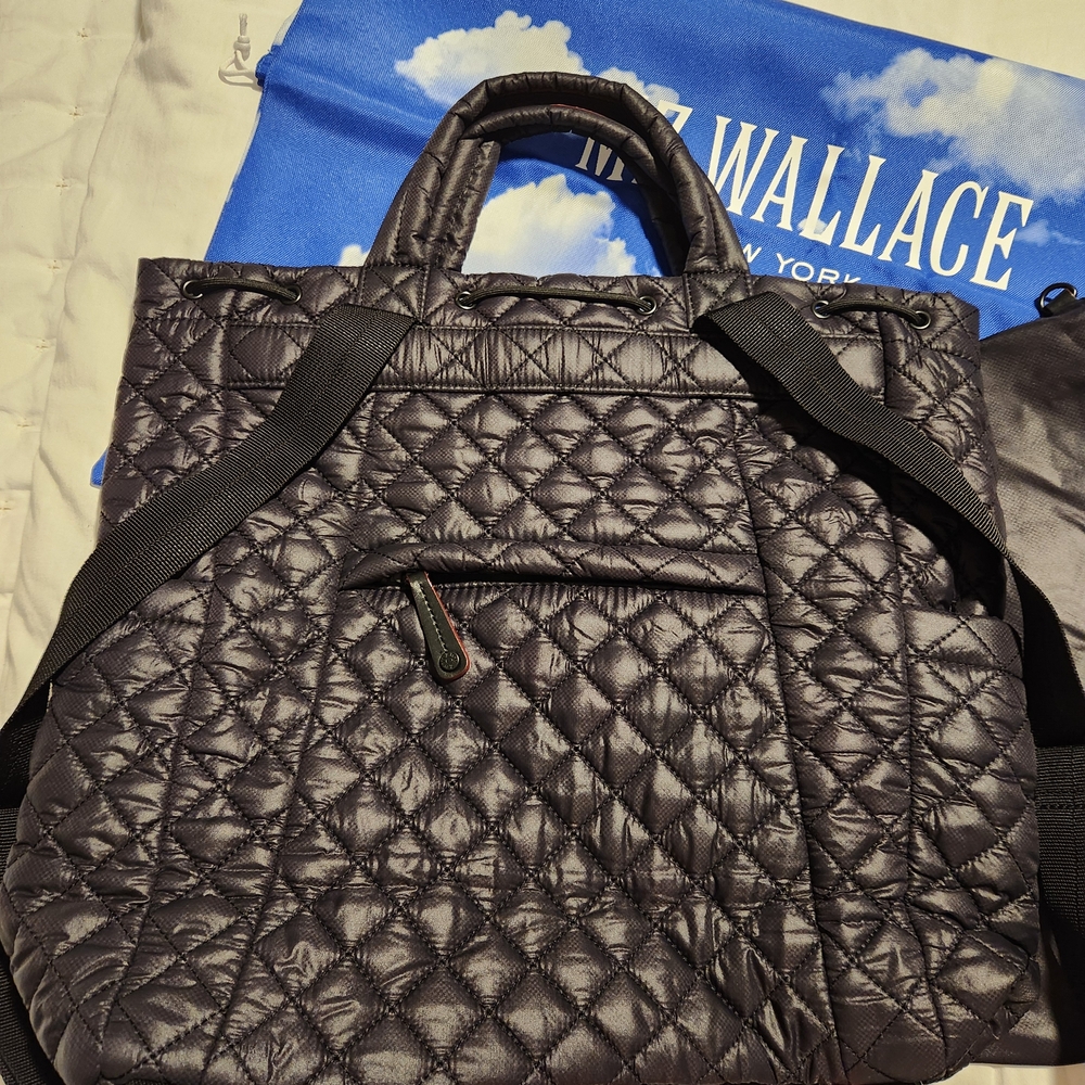 MZ WALLACE Metro Convertible Black Quilted Nylon Leather Trim Backpack - Picture 5 of 15